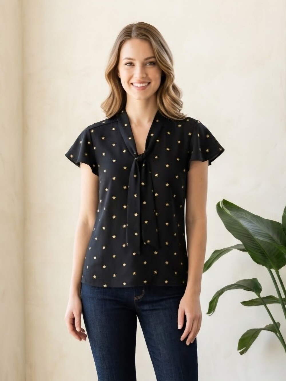 Alex & Parker Black Star-Print Tie Neck Short Sleeve Top NWT